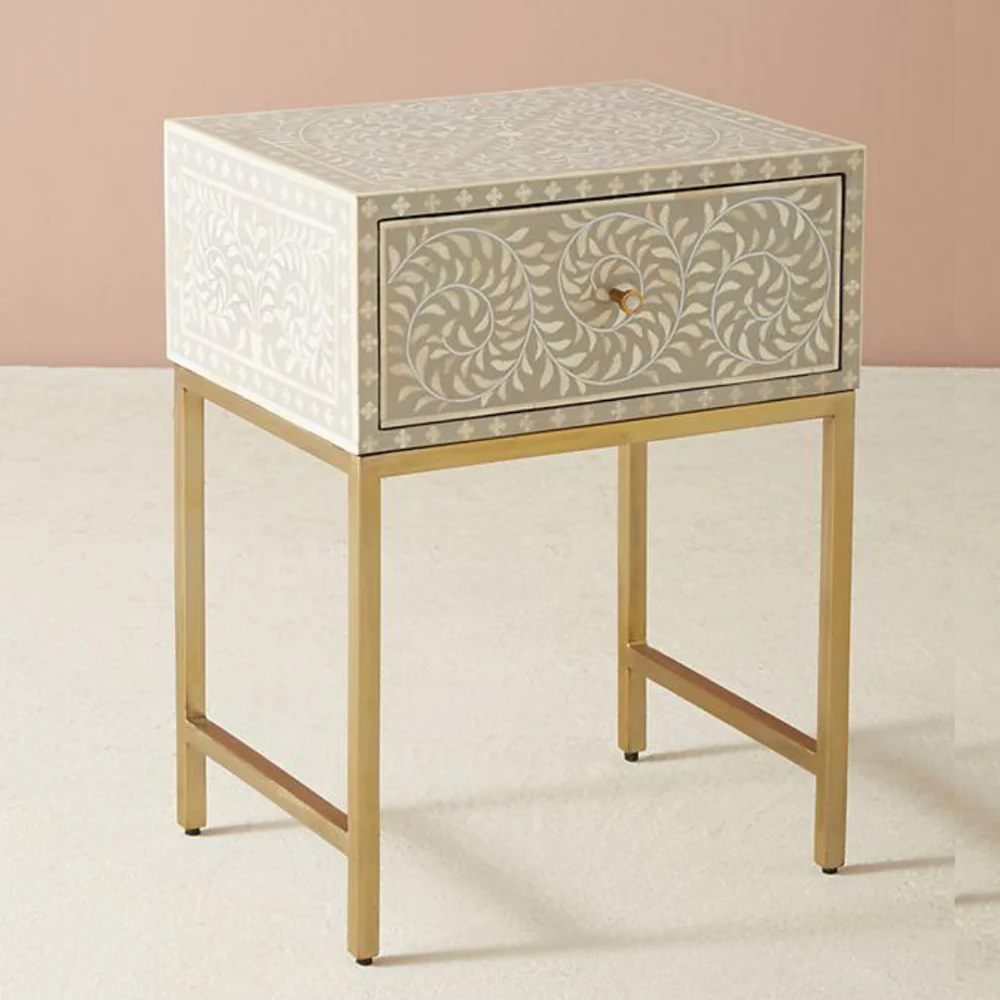 Inlay Bedside Table with Gold Legs -Cleo Grey