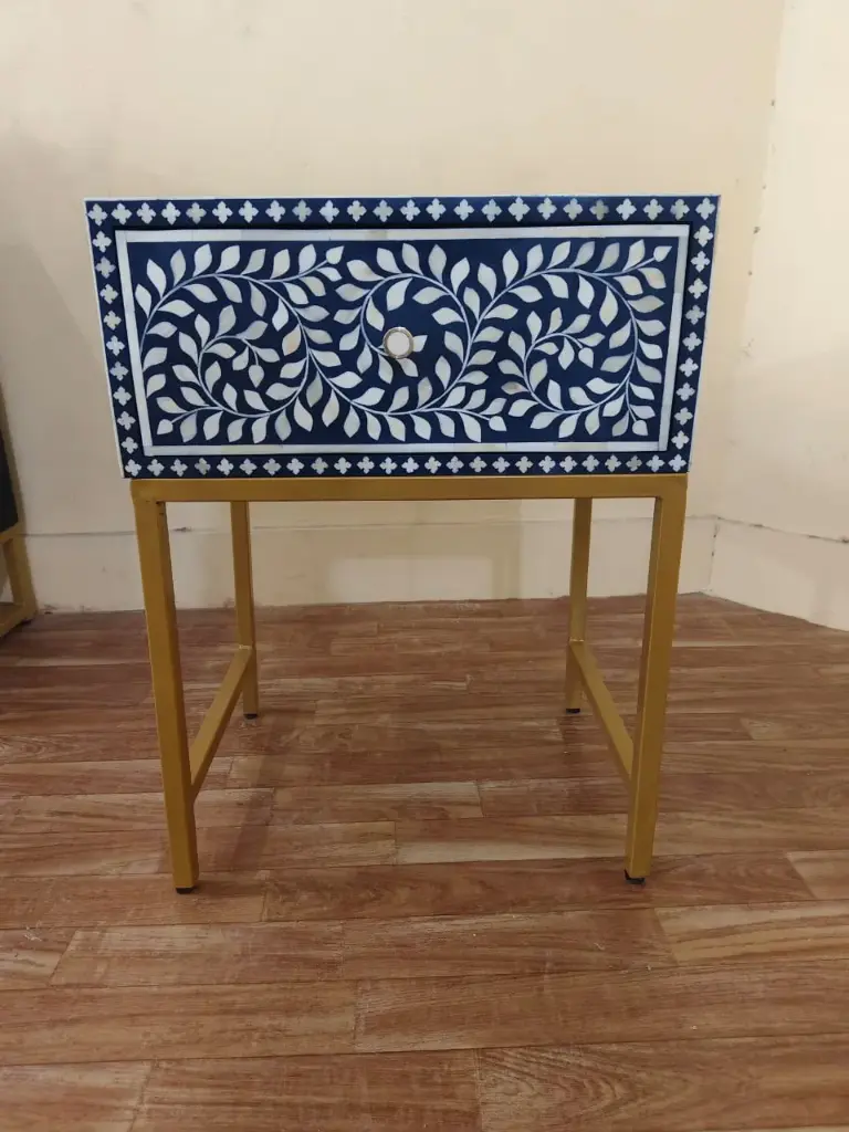 Inlay Bedside Table with Gold Legs -Cleo indigo