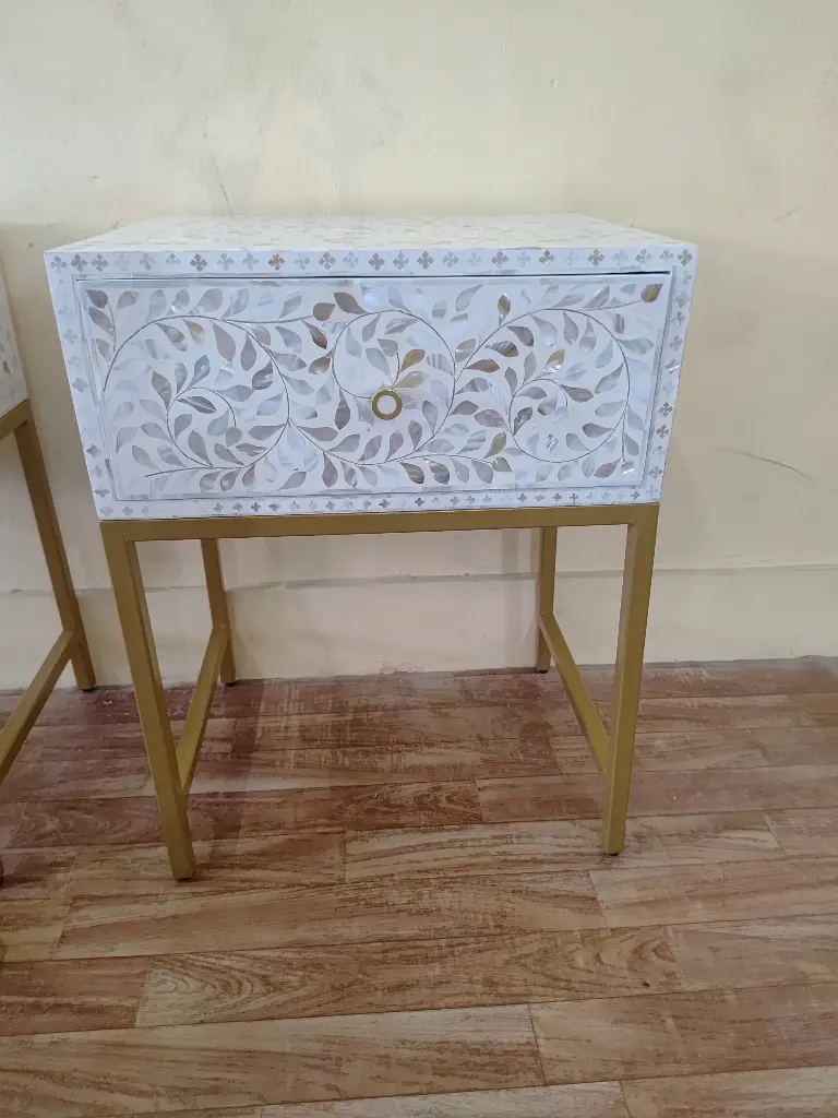 Inlay Bedside Table with Gold Legs -Cleo White