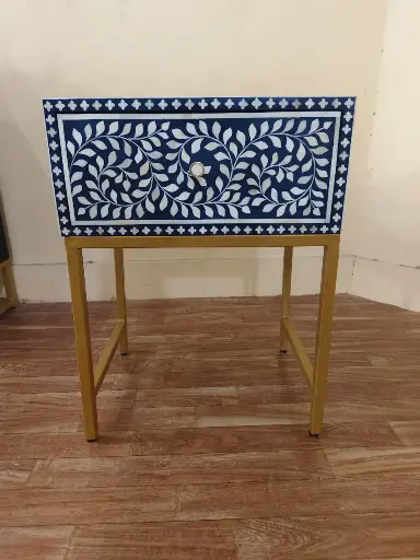Inlay Bedside Table with Gold Legs -Cleo indigo