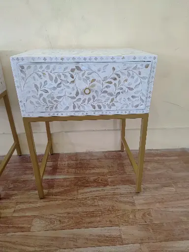 Inlay Bedside Table with Gold Legs -Cleo White