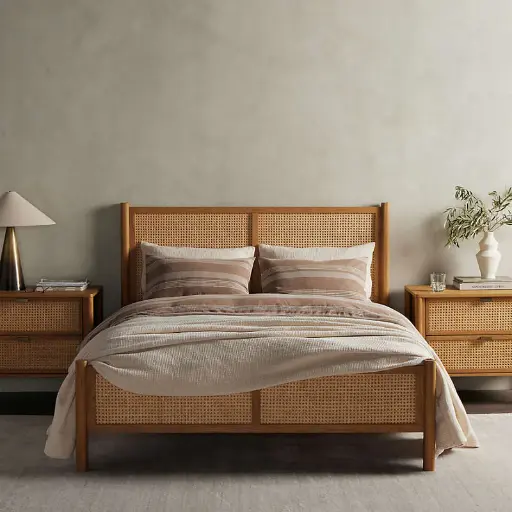 Libra Teak Wood Rattan Bed