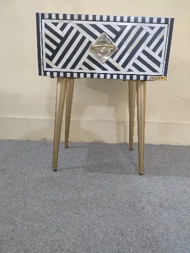 Inlay Bedside Table with Gold Legs - Chevron